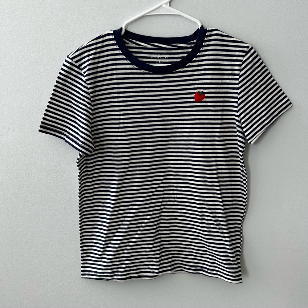 J. Crew Navy Striped 100% Cotton T-Shirt Strawberry Graphic NWT Size Small